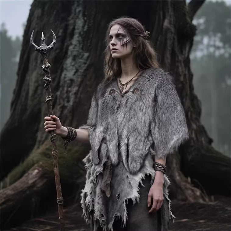 Ladies Viking-inspired Faux-Fur Cape with rustic fringe look and shoulder drape Amarae