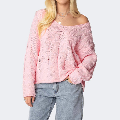 Chunky knit sweater for women with a deep V-neckline and relaxed silhouette Amarae