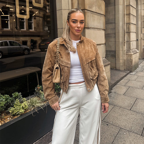 Suede jacket for women in a modern cropped style with pockets Amarae