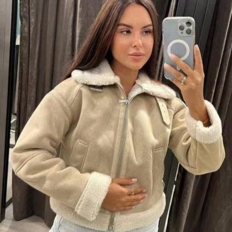 Women's Short Aviator Jacket with Teddy Lining and Faux Leather Look Amarae