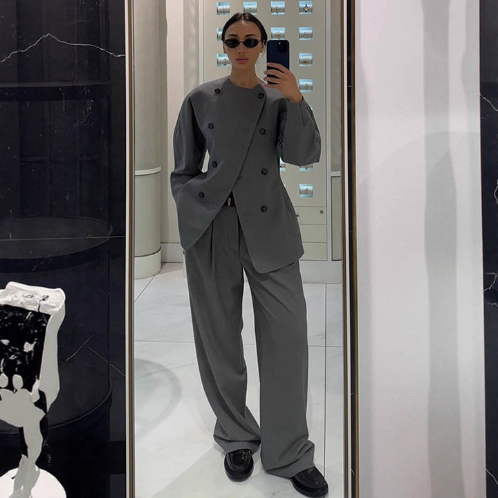 Women's Tailored Double-Breasted Blazer with Asymmetric Closure and Pleated Pants Amarae