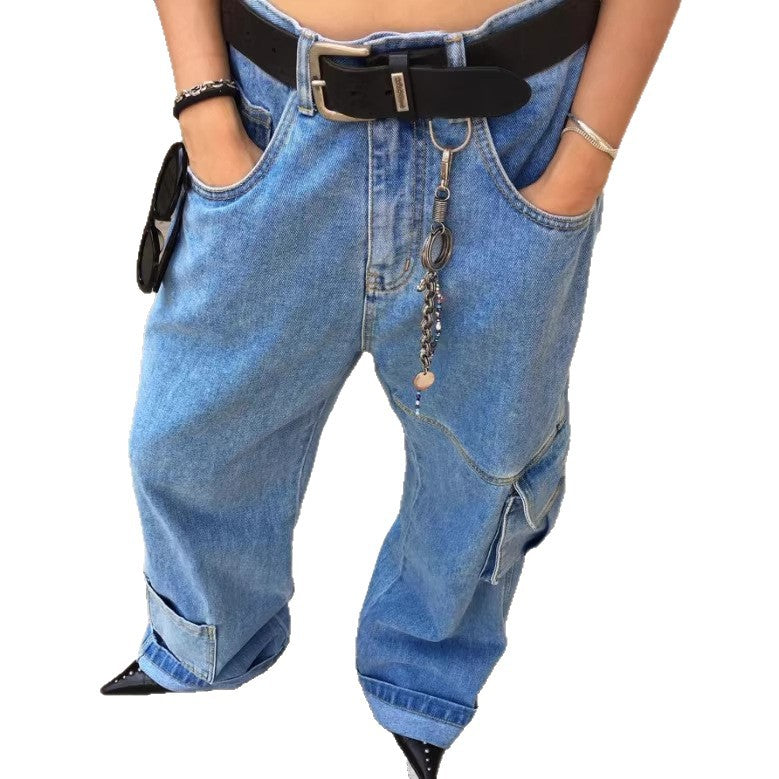 Women Extra Wide Baggy Jeans with Cargo Patches and Low Waist Amarae