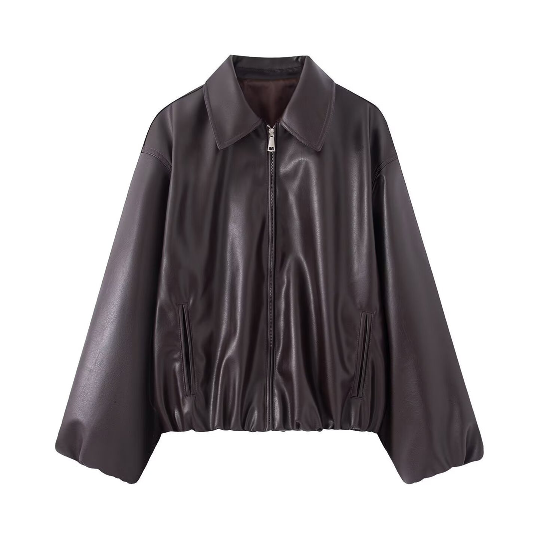 Women's Oversized Faux Leather Blouson Jacket with Collar, Zipper and Elastic Hem Amarae
