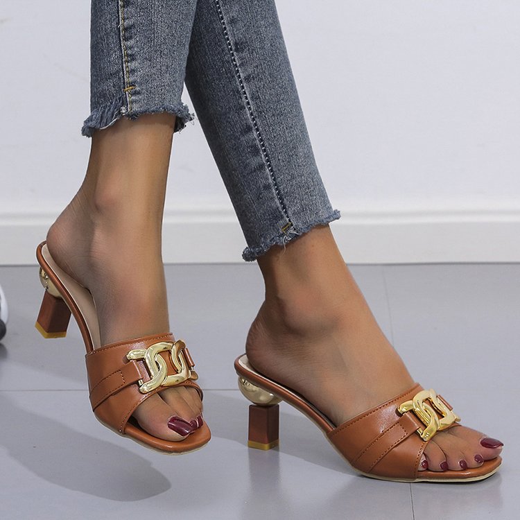 Ladies Mules with Shiny Golden Accent and Comfortable Block Heel Lune London