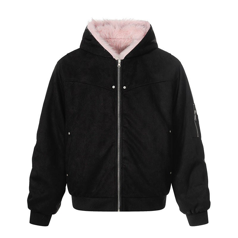 Women Padded Hooded Bomber Jacket with Faux Fur Lining, Velvet Outer Material and Zipper Amarae