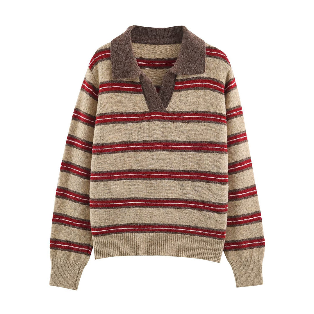 Women Striped Oversize Sweater with Polo Collar and V-Neck Amarae