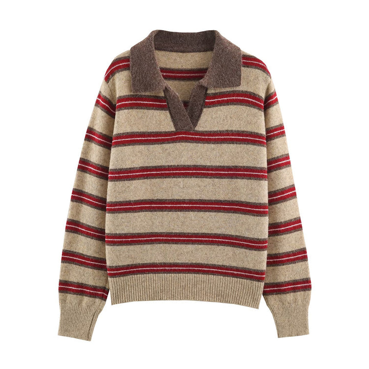 Women Striped Oversize Sweater with Polo Collar and V-Neck Amarae