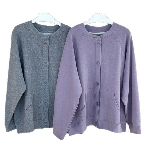 Women Loose Sweat Jacket Cardigan with Button Placket and Kangaroo Pocket Amarae