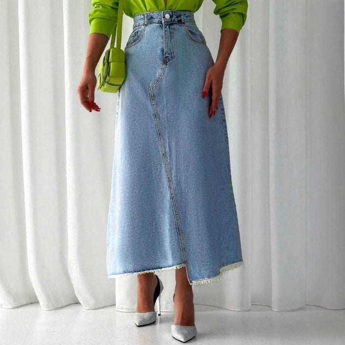Ladies High-Waisted Maxi Denim Skirt with Asymmetrical Front Seam and Frayed Hem Amarae