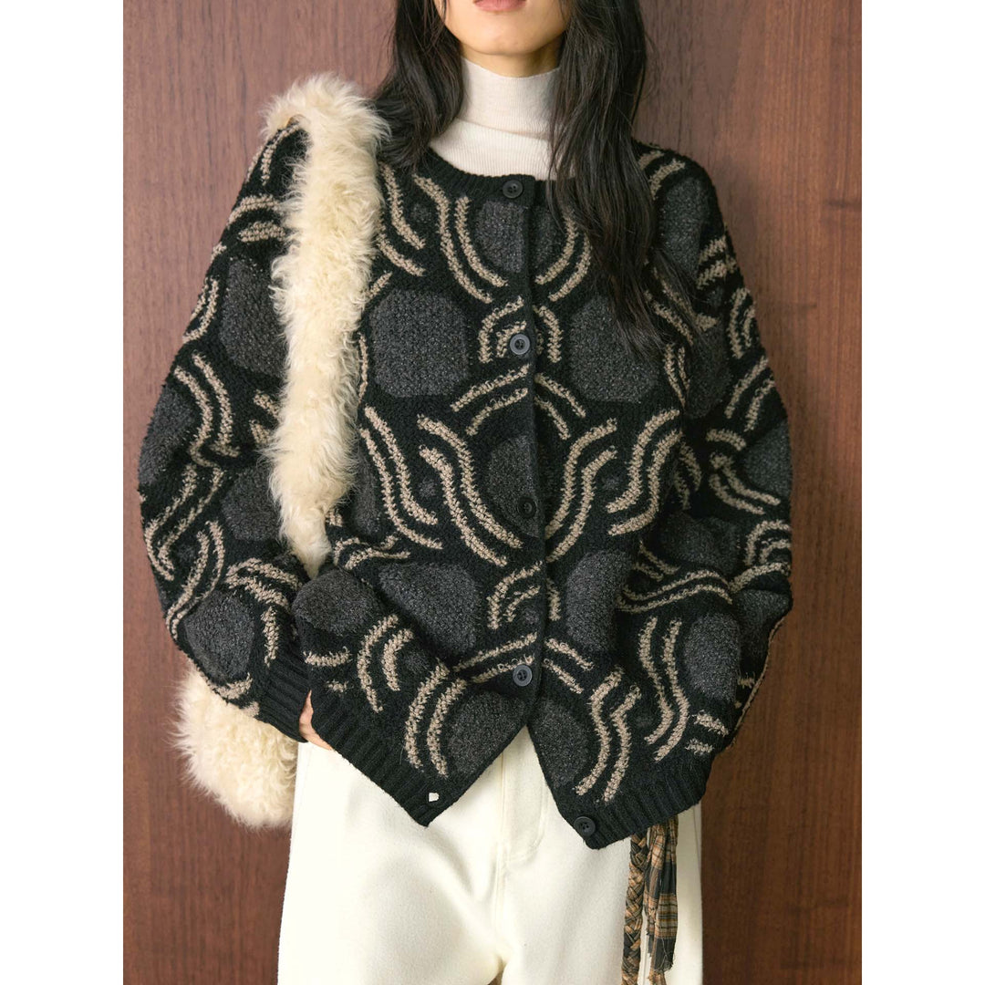 Women's Patterned Boucle Cardigan with Button Placket and Boxy Oversized Silhouette Amarae