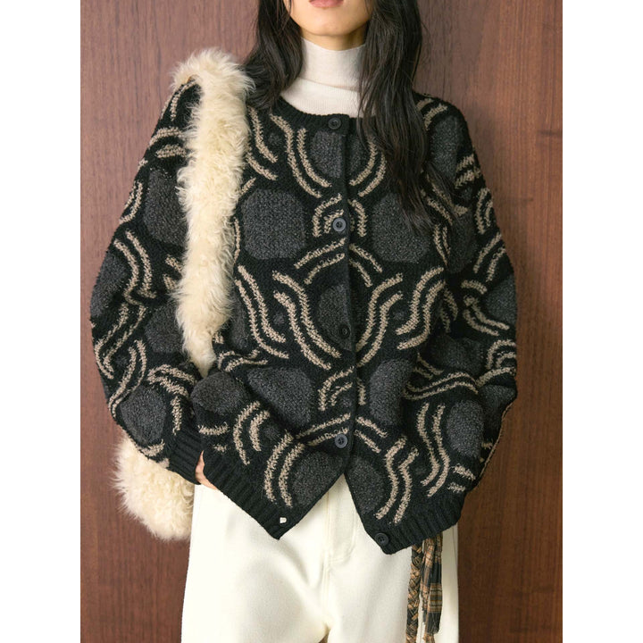 Women's Patterned Boucle Cardigan with Button Placket and Boxy Oversized Silhouette Amarae