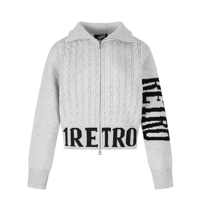 Women's Short Cable Knit Cardigan with Stand-up Collar, Full-Length Zipper and Typo Hem Amarae