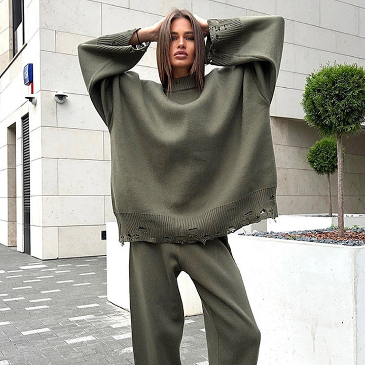 Women's Oversized Knit Set made of Fine Knit with Destroyed Hem, Wide Sweater and Casual Slip-On Pants Amarae