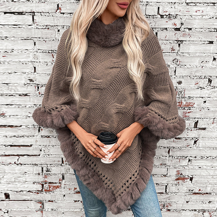 Ladies cozy poncho sweater with soft faux fur trim and cable knit pattern Lune London