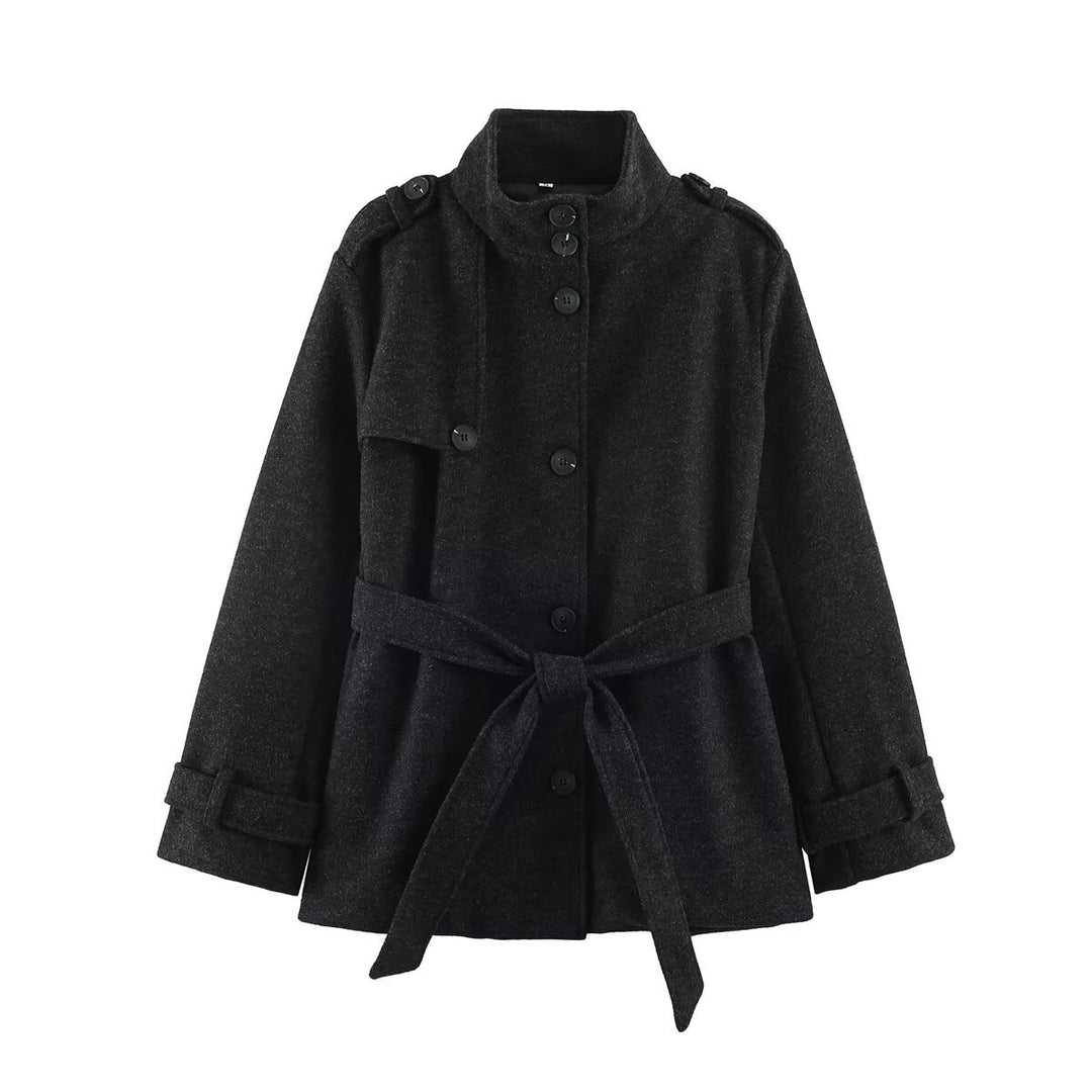 Women’s short trench coat made of wool blend with stand-up collar, epaulettes, and tie belt Amarae