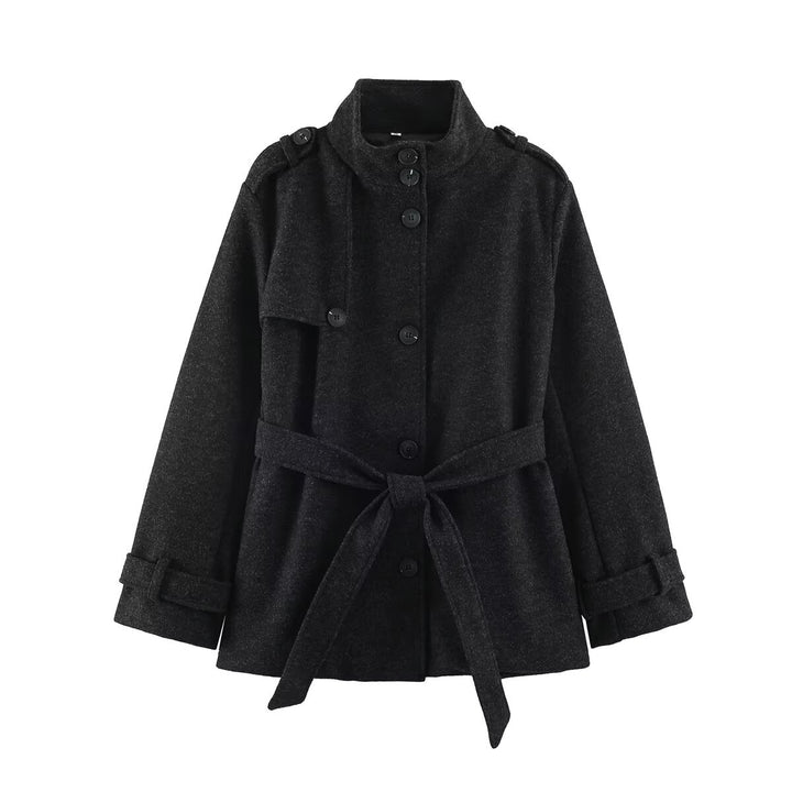 Women’s short trench coat made of wool blend with stand-up collar, epaulettes, and tie belt Amarae