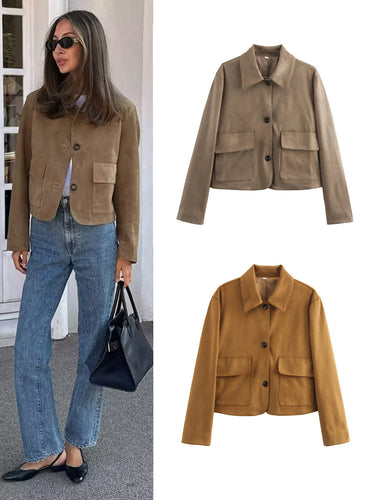 Fashionable short jacket for women in high-quality synthetic suede with practical pockets Amarae