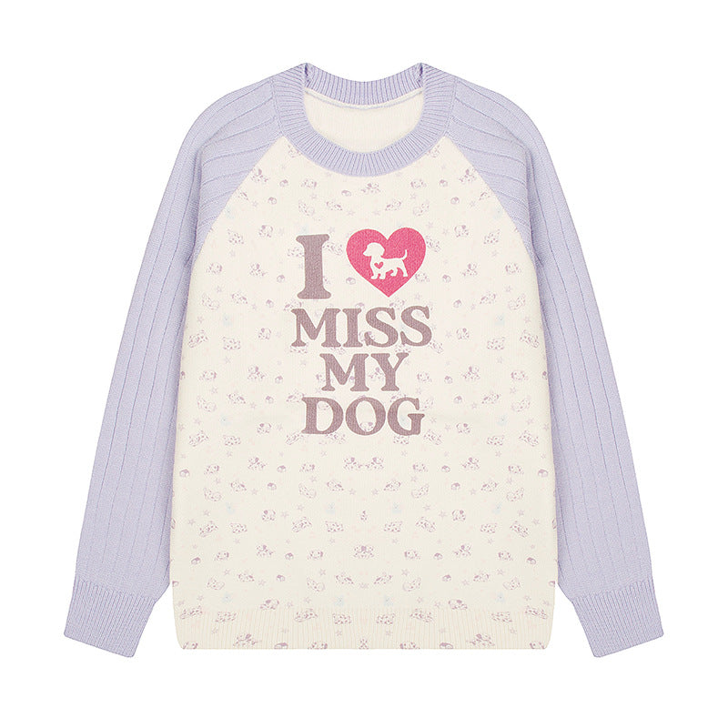 Women's knit sweater with raglan sleeves, allover dog motif and statement print Amarae