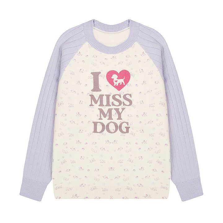 Women's knit sweater with raglan sleeves, allover dog motif and statement print Amarae