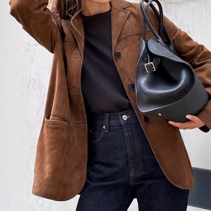 Long suede coat for women with adjustable belt and trendy collar Lune London