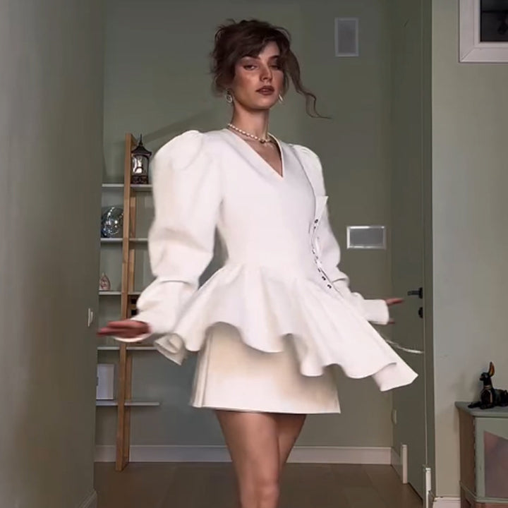 Women's mini dress with ruffle peplum, puff sleeves, and tailored silhouette Amarae
