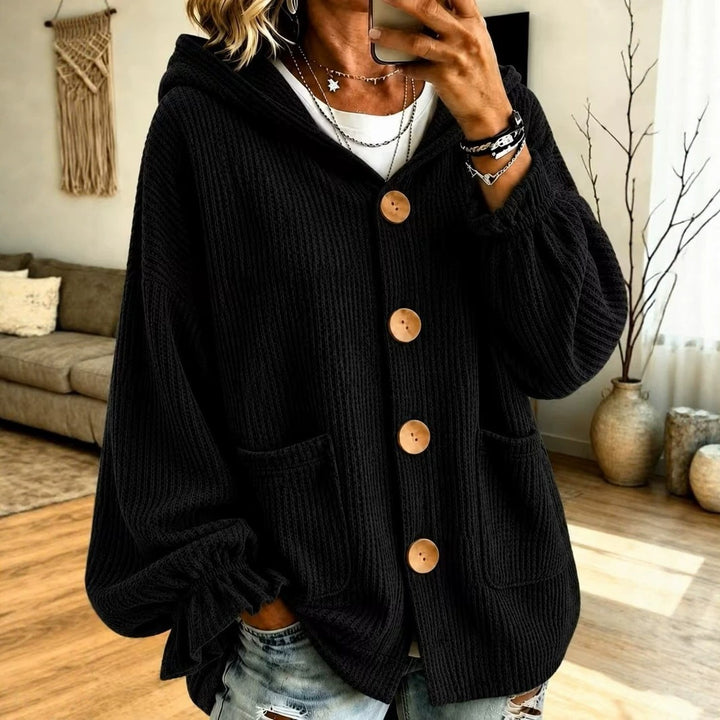 Women's Oversized Hooded Cardigan with Waffle Texture and Wooden Buttons Amarae