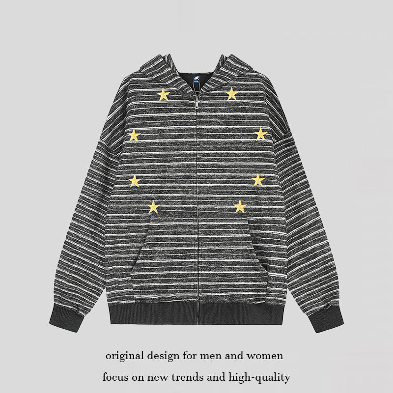 Women's striped hooded zip jacket with star appliqués and kangaroo pocket Amarae
