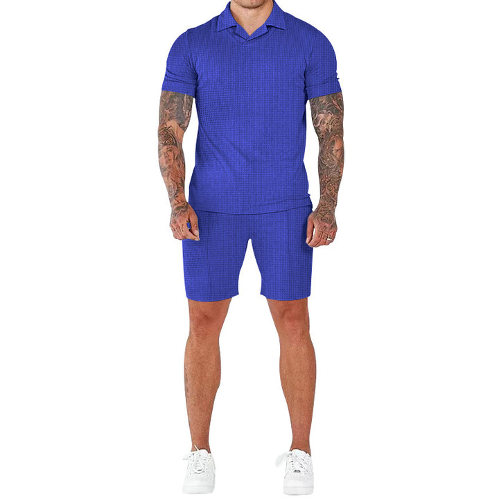 Casual short-sleeve men’s set with textured design and modern mock collar Amarae