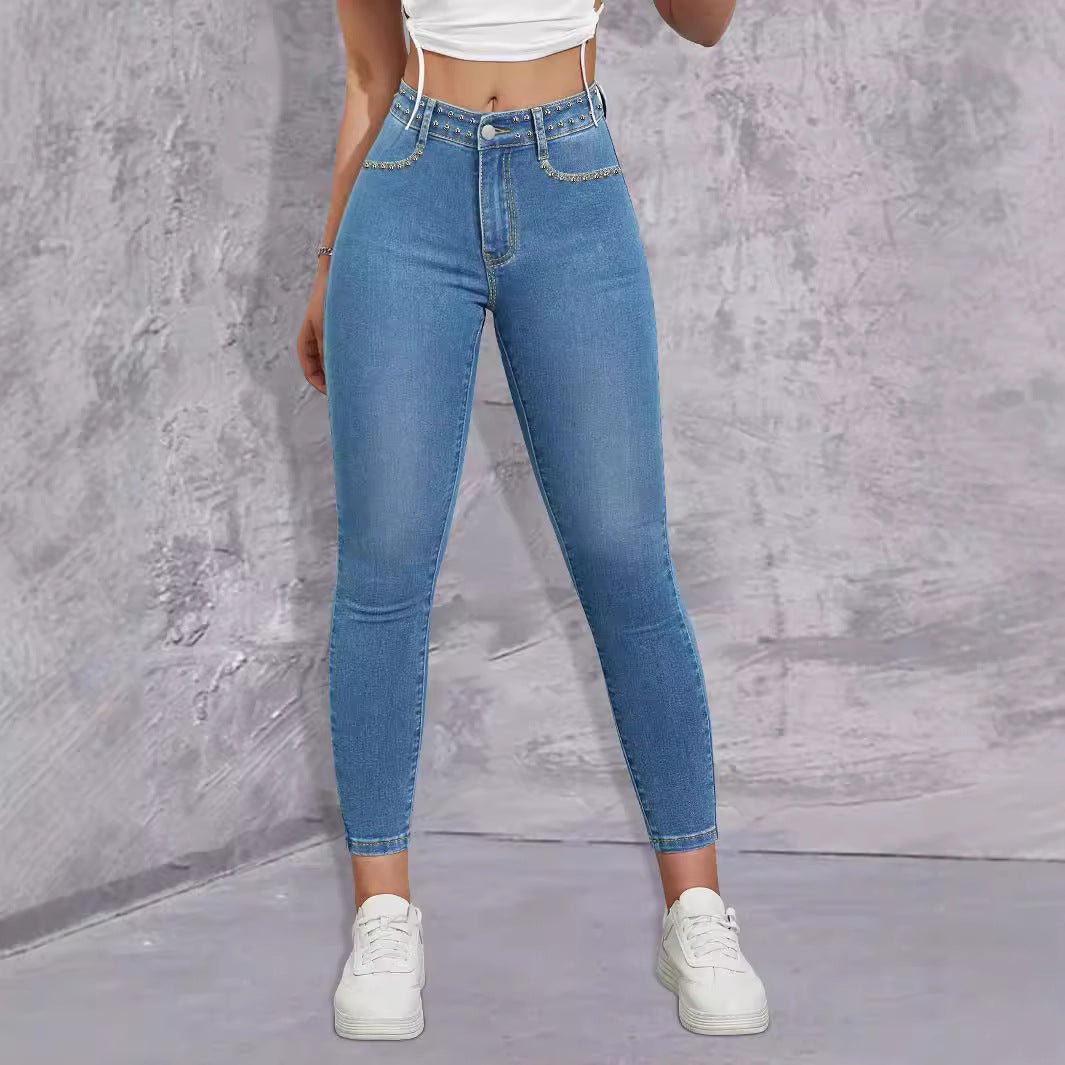 Ladies high-waisted skinny jeans with rhinestone embellishments and ankle-length cut Amarae