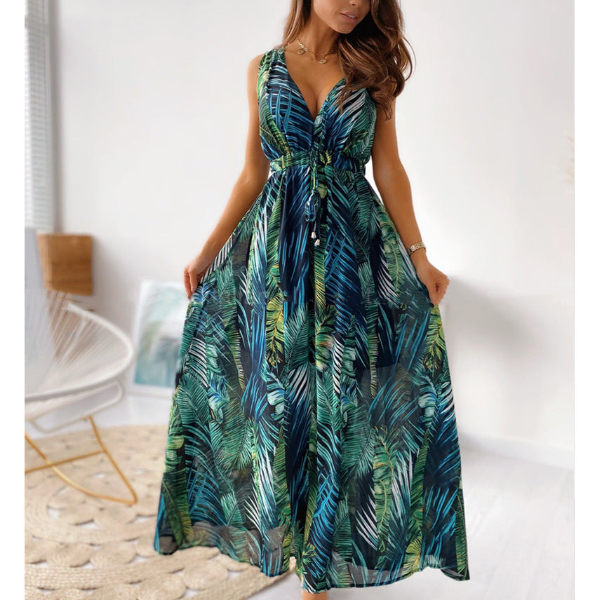 Maxi dress for women with tropical print and draped front detail Lune London