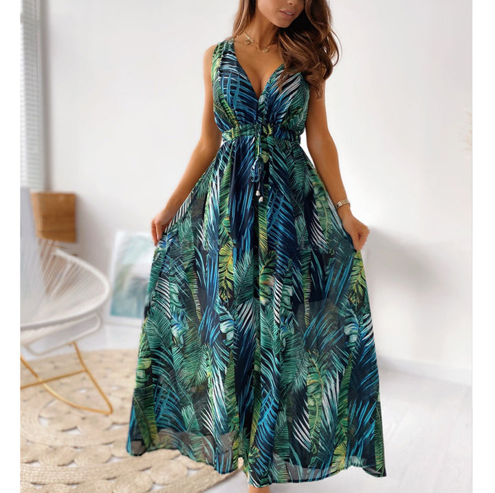Maxi dress for women with tropical print and draped front detail Lune London