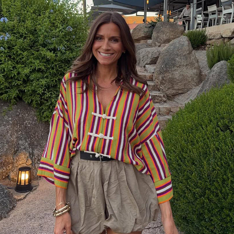 Women's Striped Lightweight Short Blouse with V-Neck, Three-Quarter Sleeves & Decorative Knot Closures Amarae