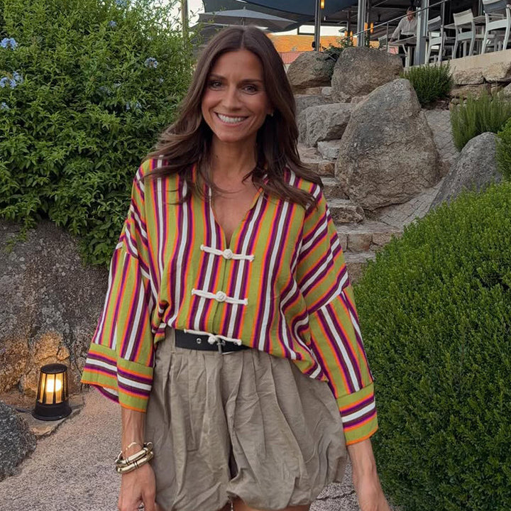 Women's Striped Lightweight Short Blouse with V-Neck, Three-Quarter Sleeves & Decorative Knot Closures Amarae