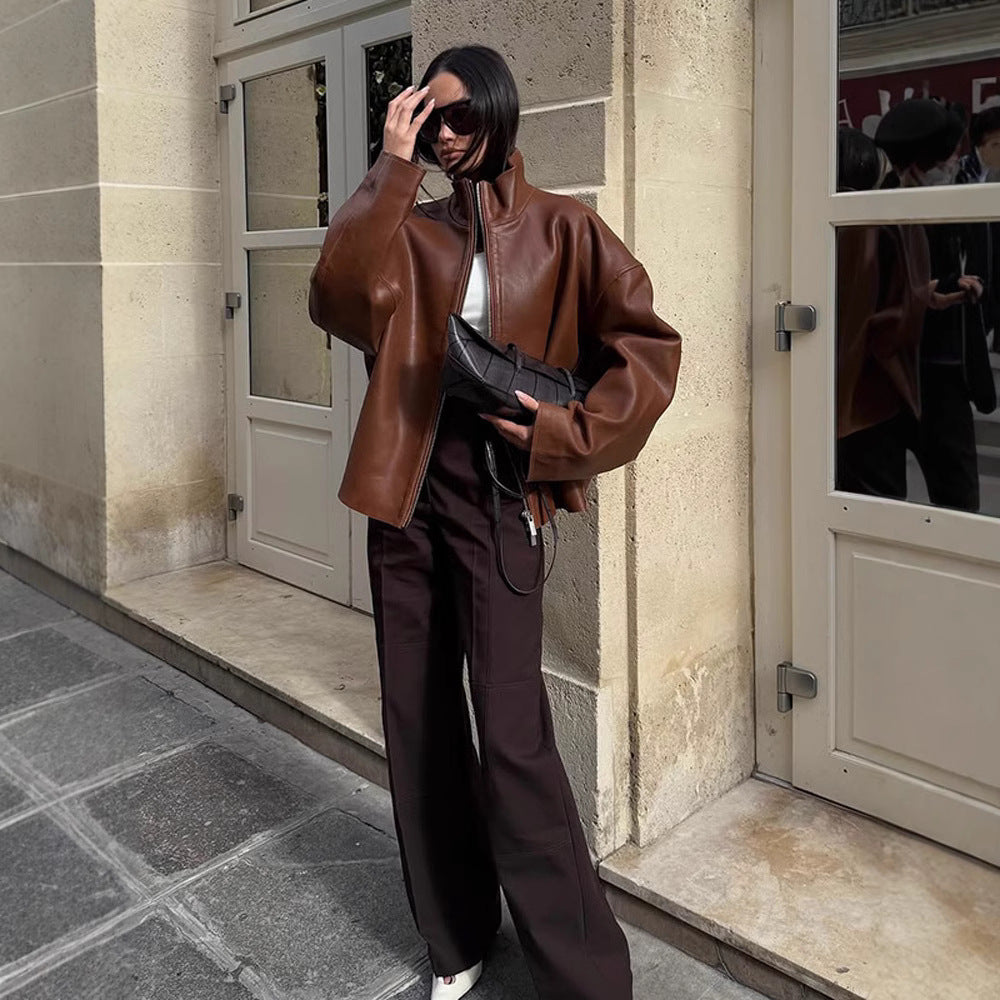 Women's Oversized Leather Blouson with Soft Teddy Lining and Concealed Zipper