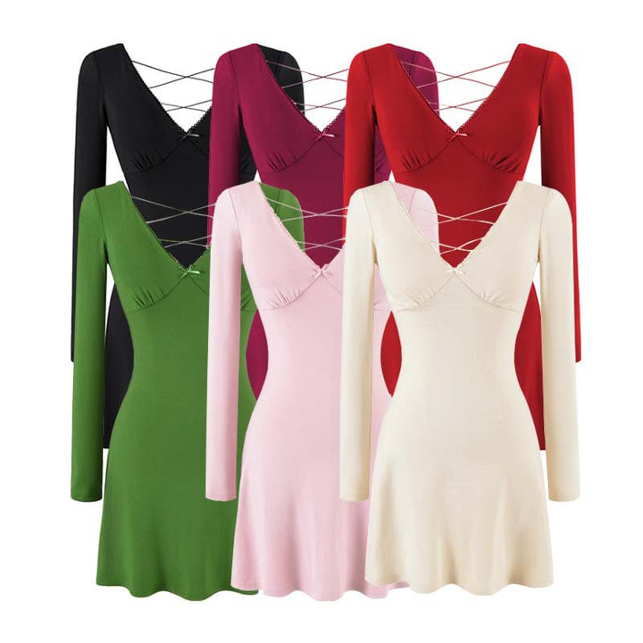 Ladies form-fitting mini dress with a deep V-neckline, gathered bust, and crossed back straps Amarae