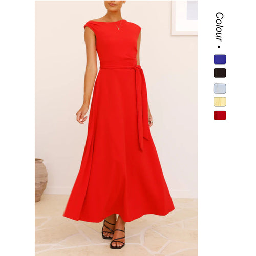 Women's maxi dress with a chic asymmetrical neckline and elegant bow