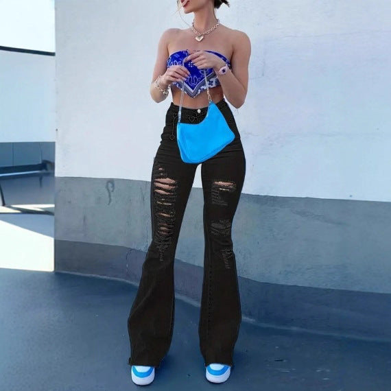 Women's Flared Jeans with High Waist, Sculpting Cut and Strong Destroyed Effect Amarae