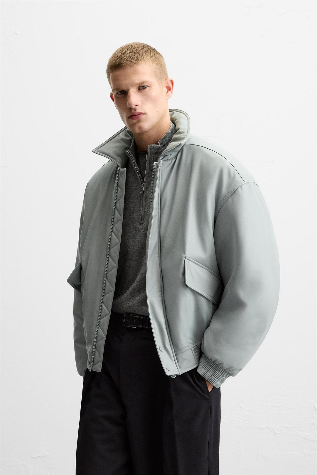 Men's Padded Bomber Jacket in Boxy Cut with High Stand-up Collar Amarae