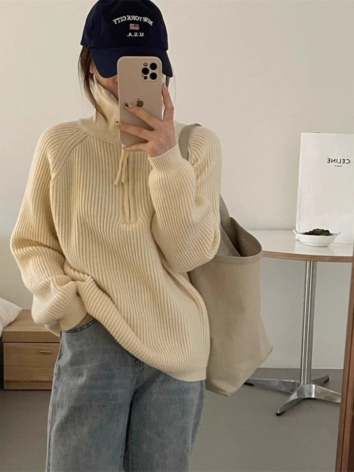 Knitted sweater for ladies with high collar and ribbed structure Lune London