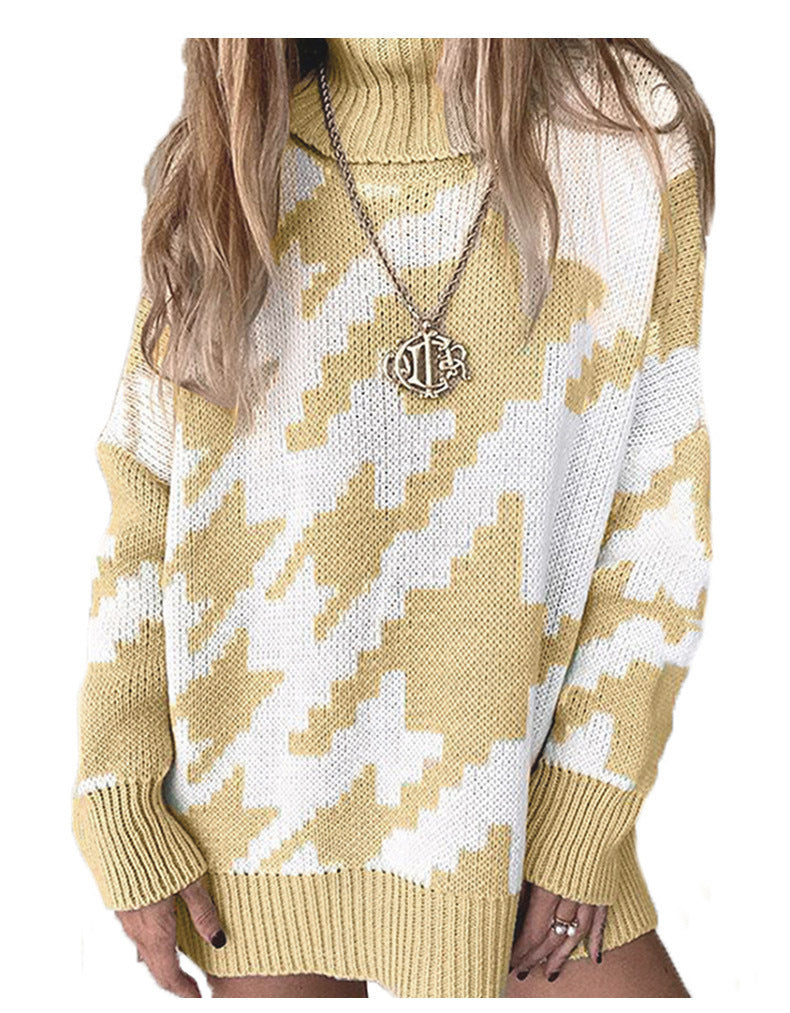 Thick knit sweater for women with a high collar and modern geometric pattern Lune London