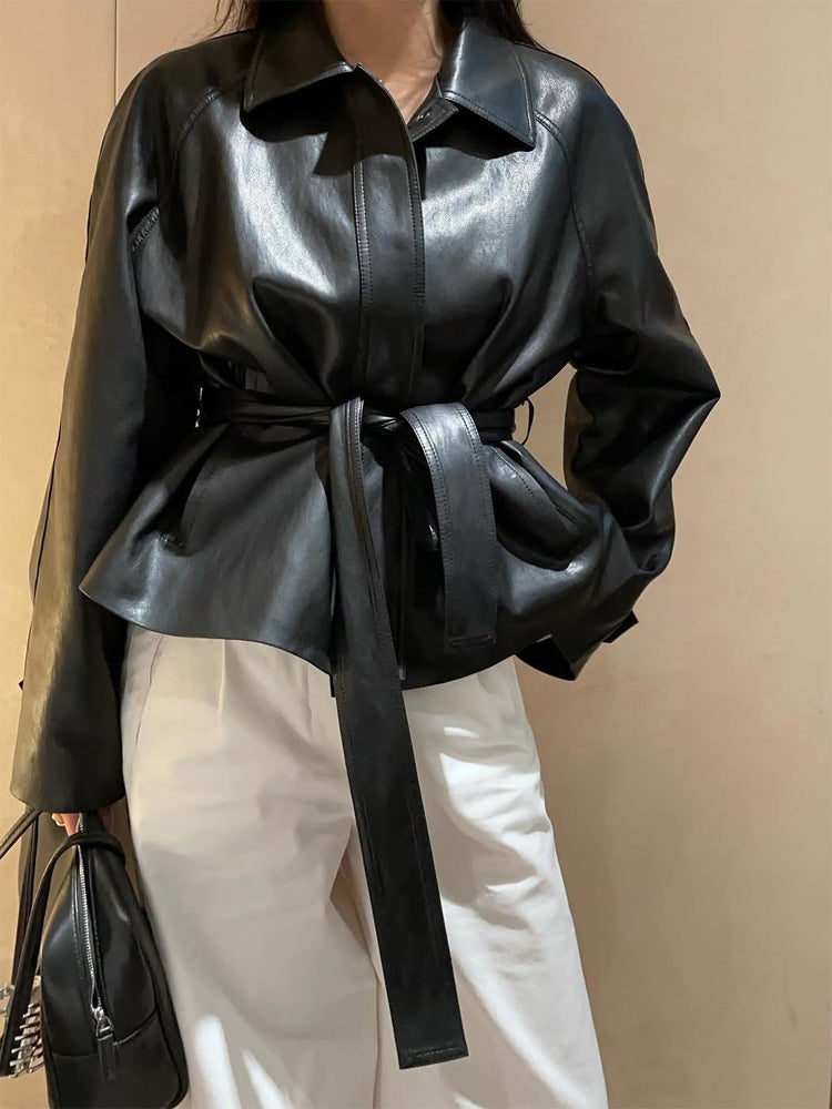 Women's Tailorable Faux Leather Jacket with Wrap Belt and Boxy Silhouette Amarae