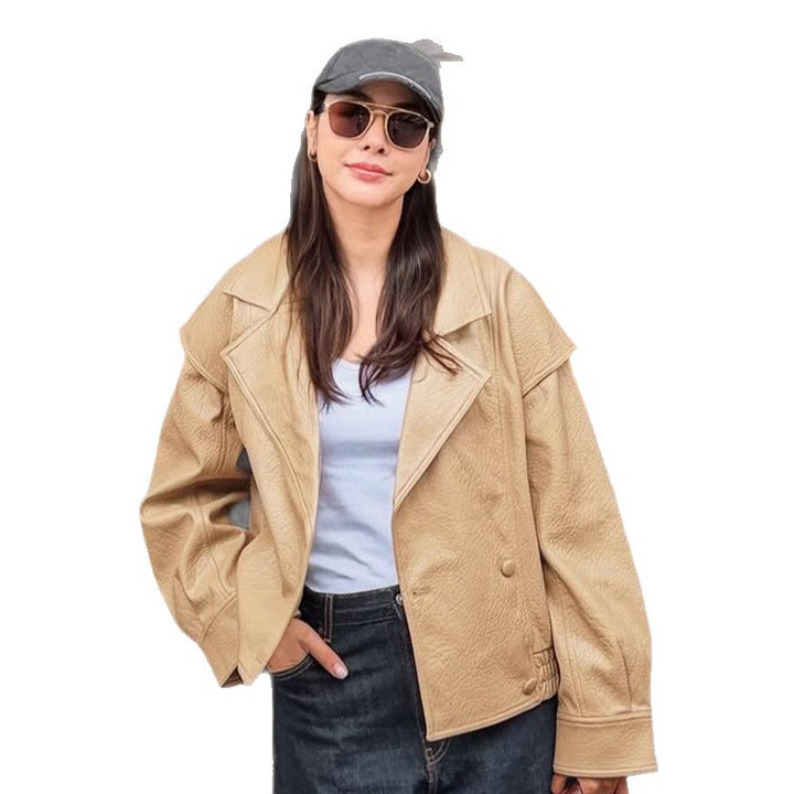 Women Oversize Faux Leather Bomber Jacket with Boxy Cut and Wide Lapel Amarae