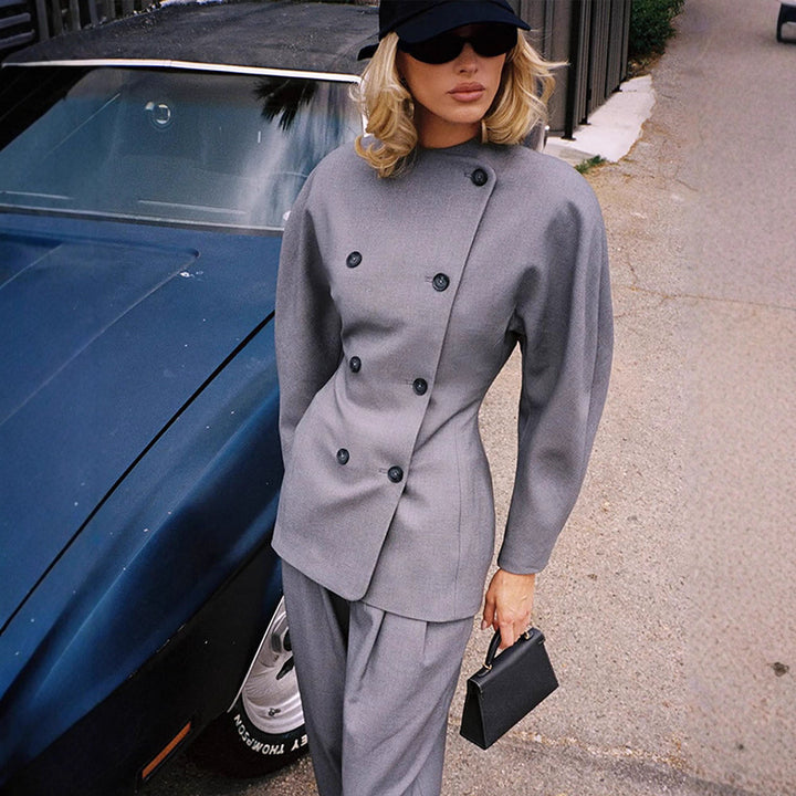 Women's Tailored Double-Breasted Blazer with Asymmetric Closure and Pleated Pants Amarae