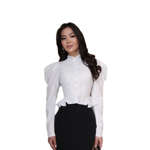 Women's Tailored Jacquard Blouse with Stand Collar, Puff Sleeves and Ruffle Hem Amarae