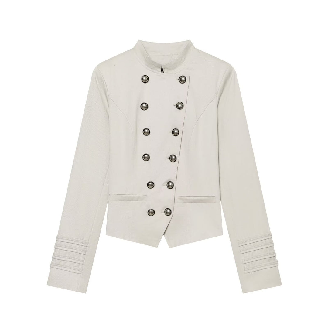 Women's tailored short blazer in sailor military style with stand-up collar and decorative buttons Amarae