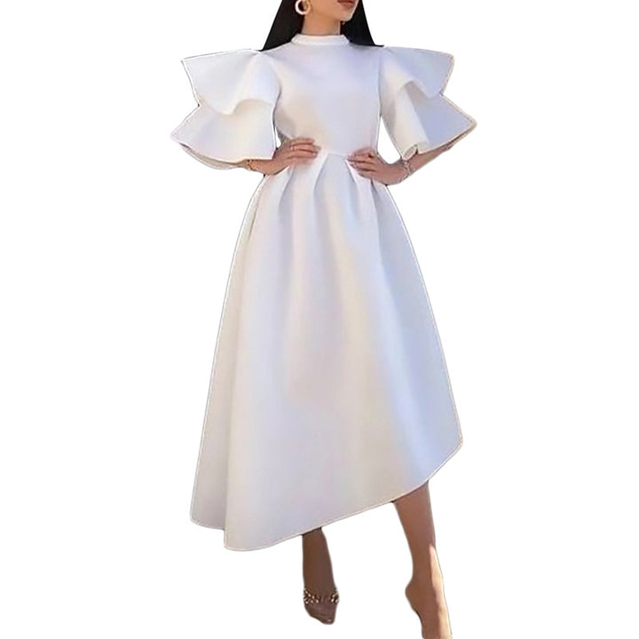 Midi dress for women with voluminous puff sleeves and an asymmetrical hem Lune London