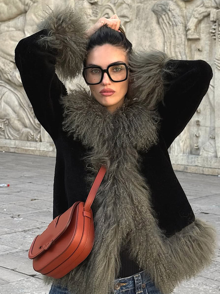 Women's short coat made of artificial fur with voluminous curl trim Amarae