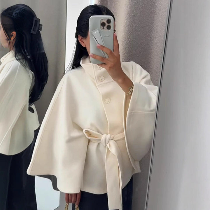 Women Elegant Wool Cape with Waist Belt, Standing Collar and Concealed Button Placket Amarae