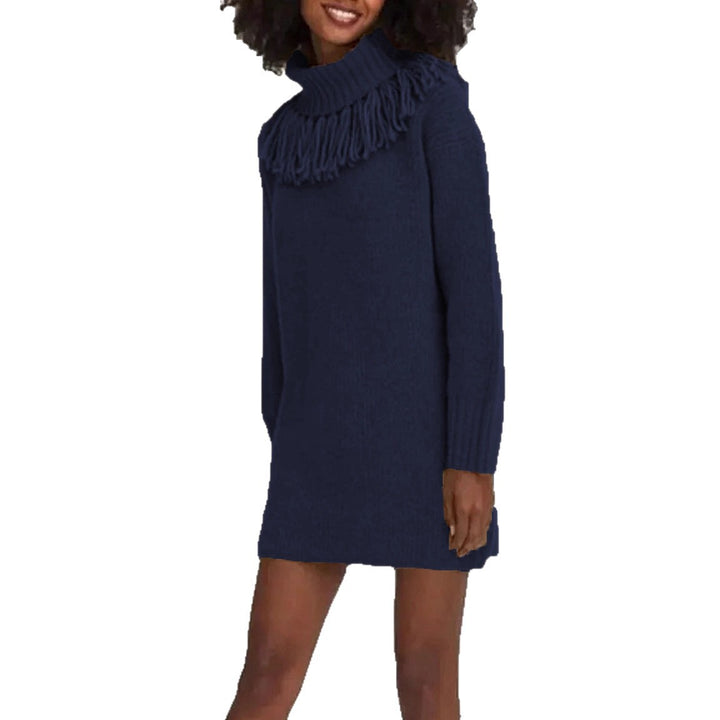 Knit dress for women with high turtleneck and trendy fringes Lune London