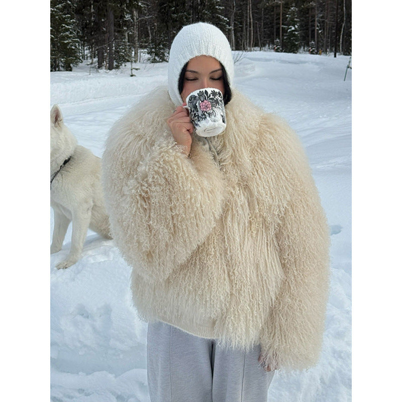 Women's Cozy Short Jacket in Lambskin Look with Curly Long Pile Structure Amarae
